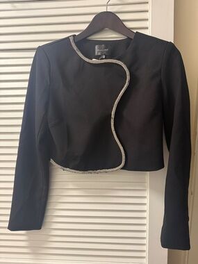 line and dot Black Cropped Blazer with Rhinestone Piping